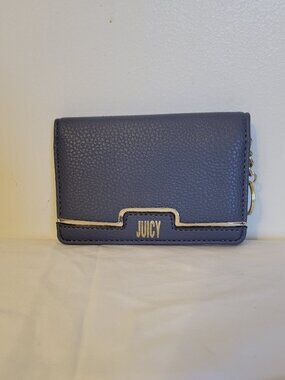 Juicy Couture Folding Wallet Key Ring Navy Beige Crown Print Logo Zipper pockets